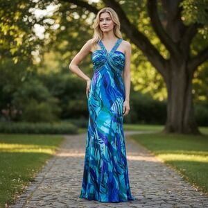 Ignite Evenings Carol Lin Blue Purple Abstract Beaded Mermaid Formal Y2K Dress